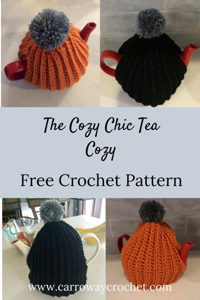 Four pictures of crochet tea cozies