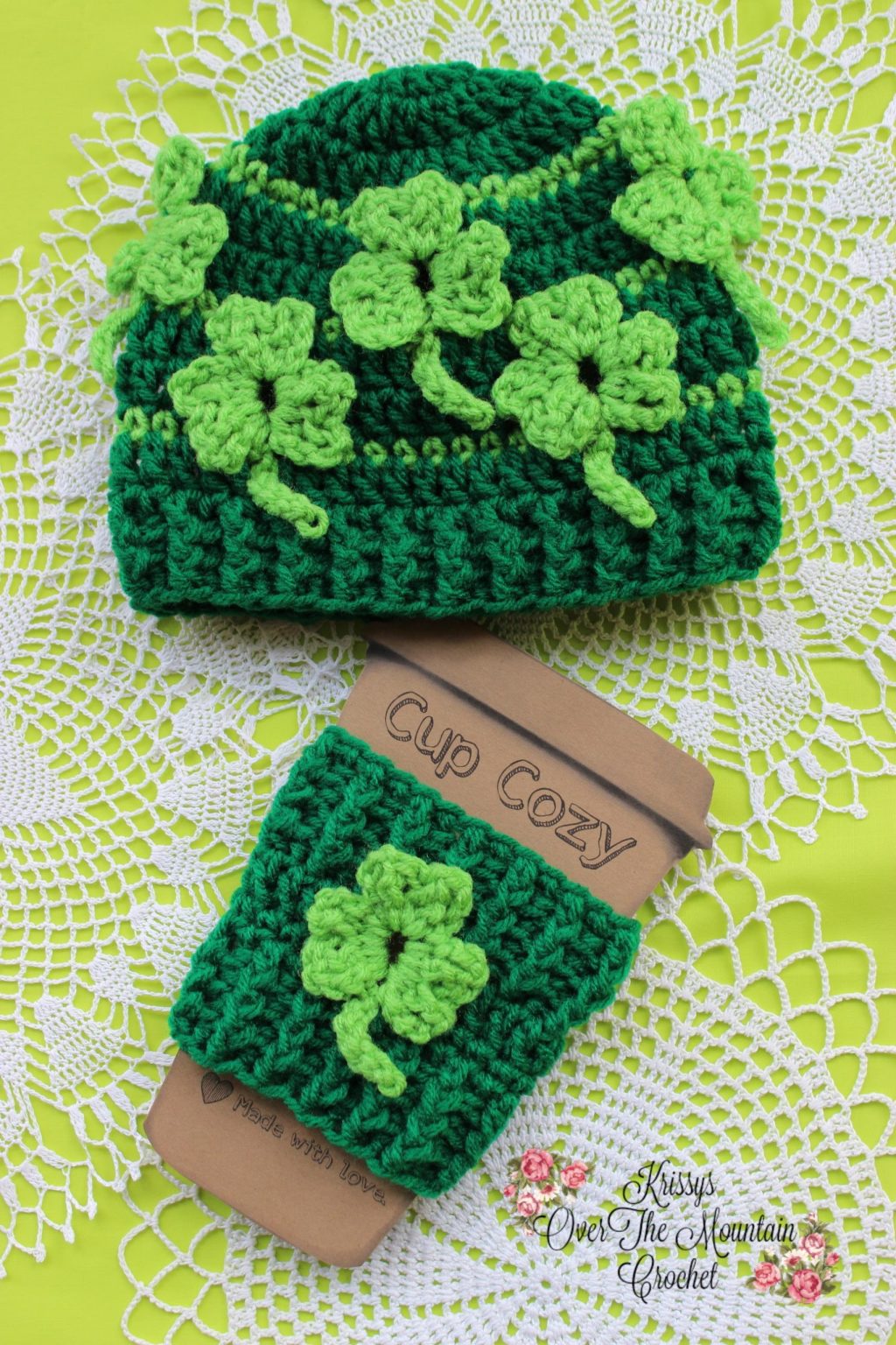 St Patricks Day Luck Irish  Clover Shamrock Tie Crochet Top Kitchen Towel 